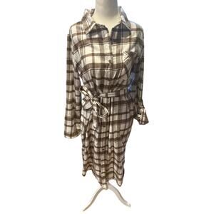 Madison & Hudson Brown Plaid Belted Shirt Dress (Large)